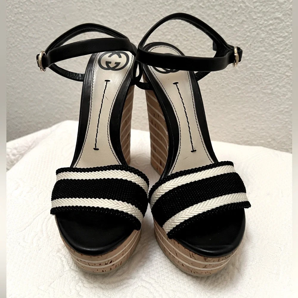 Gucci Black and Cream Wedge Sandals with Ankle Strap
